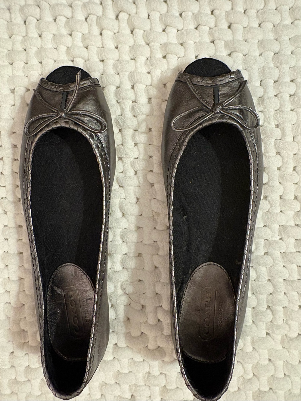 Coach Women's Metallic Pewter Peep Toe Leather Ballet Flats NWT